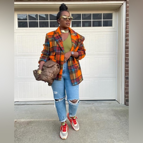 NWT! NASTY GAL Premium Wool Blend Oversized Orange Plaid Stripe Blazer Coat - Picture 6 of 16